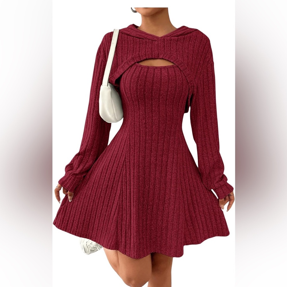 Knitted Two piece tank dress with pullover hoodie - Burgundy